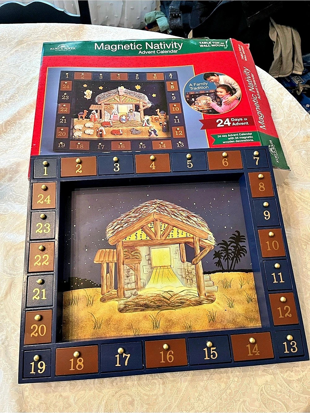 Kurt Adler Magnetic Nativity Advent Calendar Wooden Blue & Brown